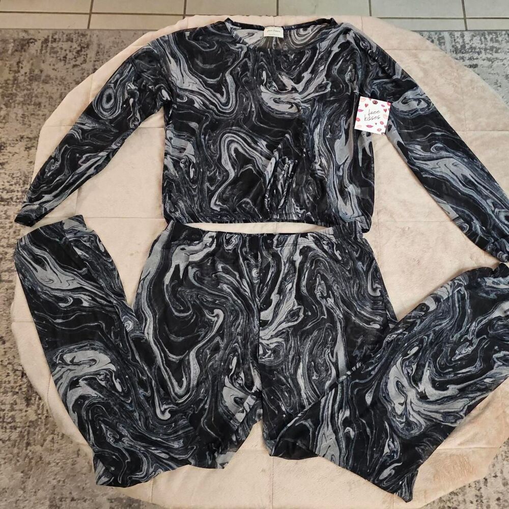 Free Kisses Sheer Mesh Marble Print 2 Piece Swim Cover Up Set L Black Gray NWT